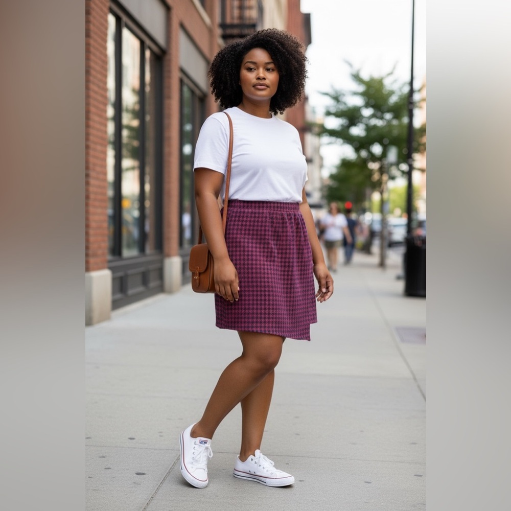 Perfectly Priscilla Red & Navy Houndstooth Mini Skirt Size 2XL 3XL Asymmetrical